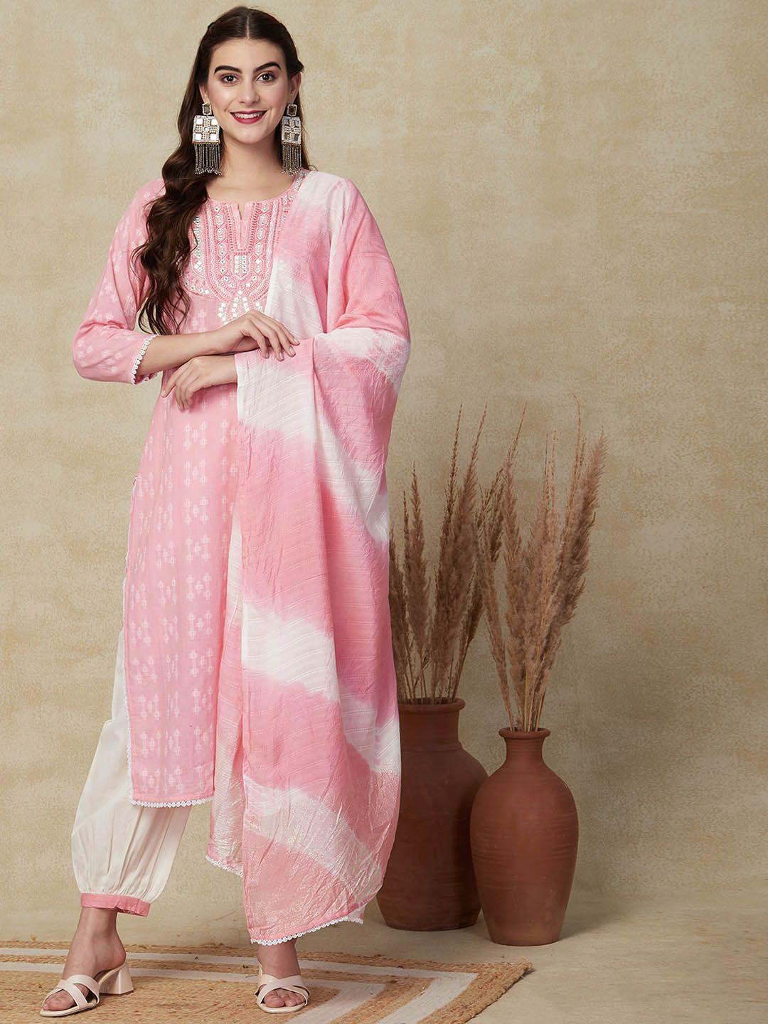 fashor women pink ethnic motifs embroidered regular mirror work pure cotton kurta with salwar & with dupatta