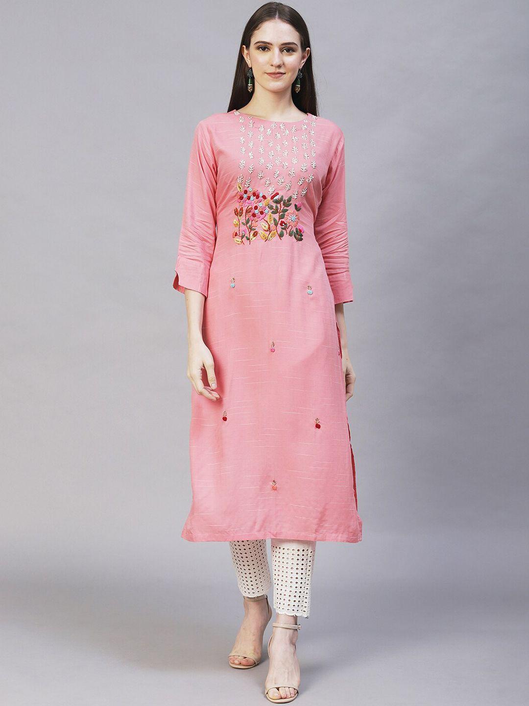 fashor women pink ethnic motifs embroidered thread work kurta