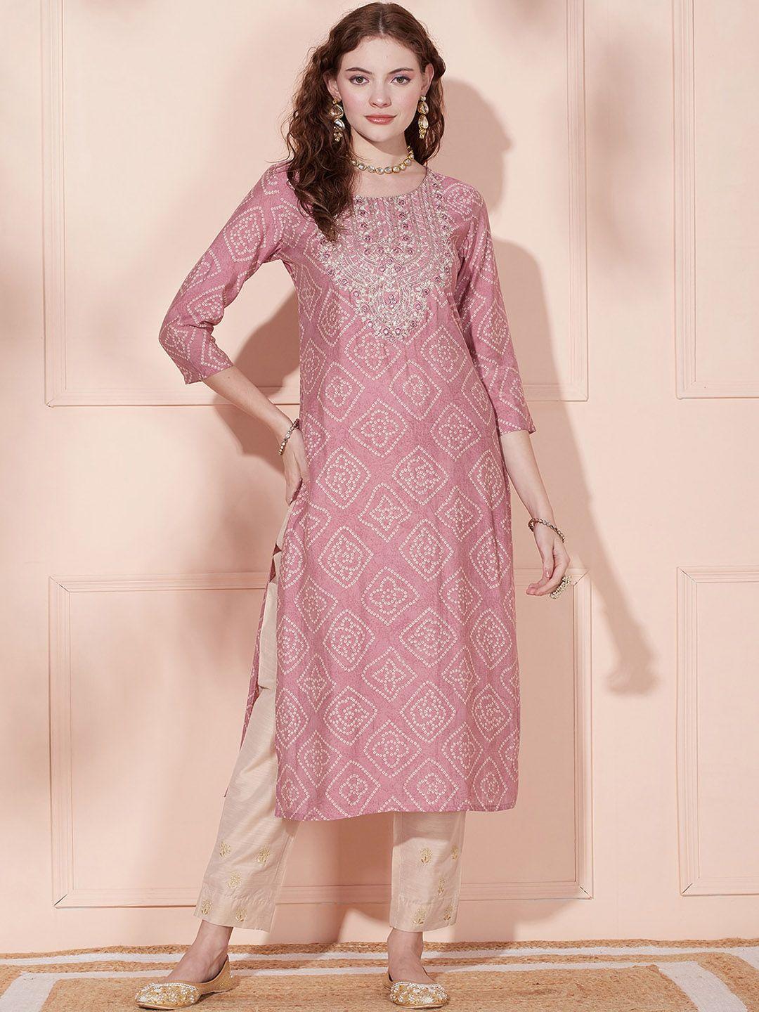 fashor women pink ethnic motifs printed gotta patti kurta