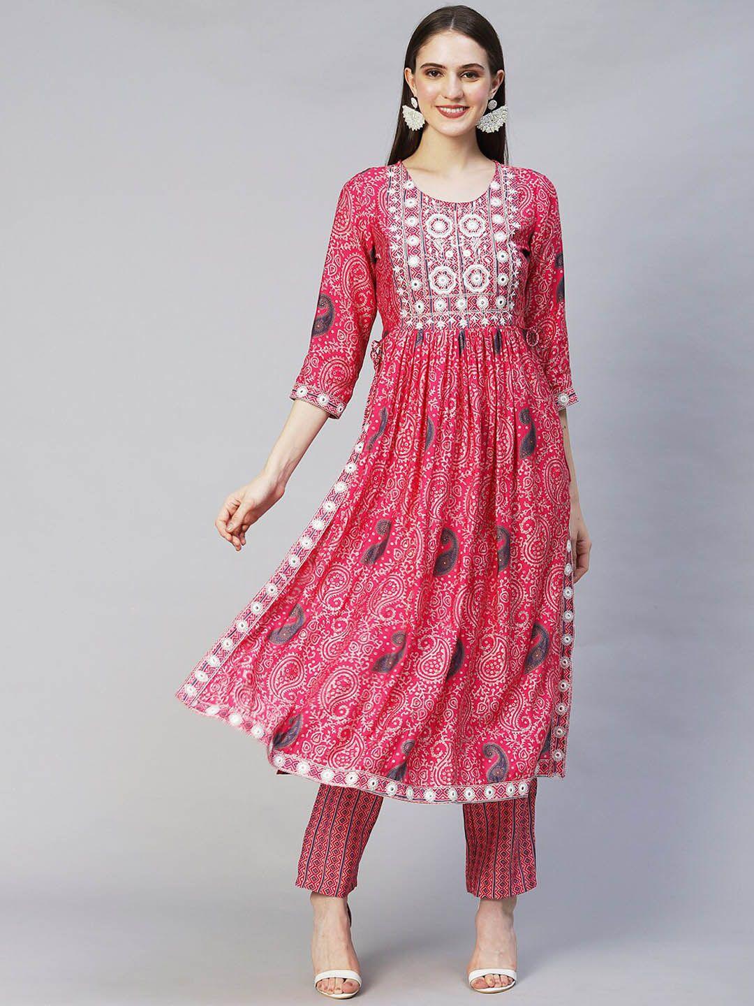 fashor women pink ethnic motifs printed pleated mirror work kurta with trousers