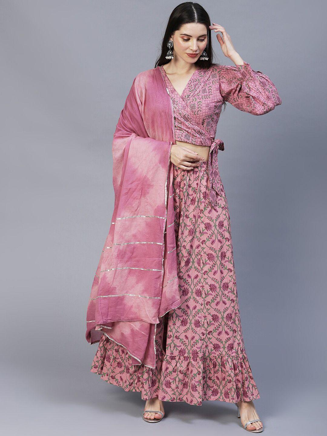 fashor women pink ethnic motifs printed pure cotton fusion lehenga choli
