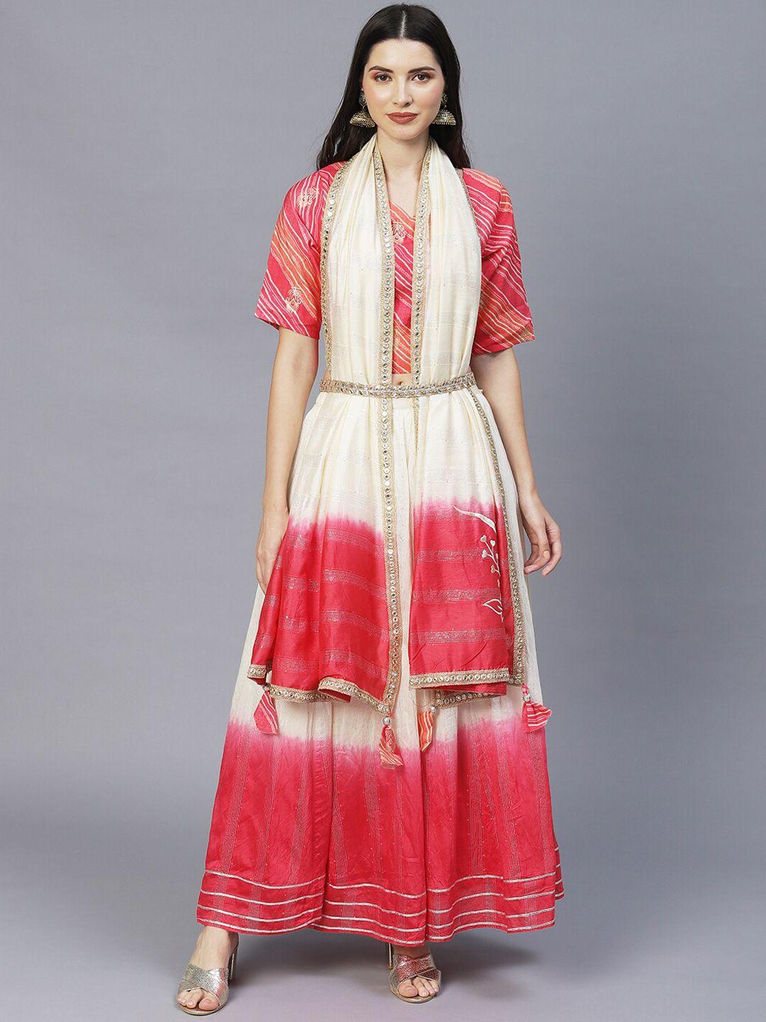 fashor women pink ethnic motifs printed sequinned top with skirt & dupatta