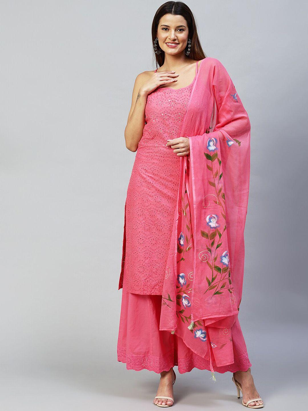 fashor women pink ethnic motifs sequinned pure cotton kurta with palazzos