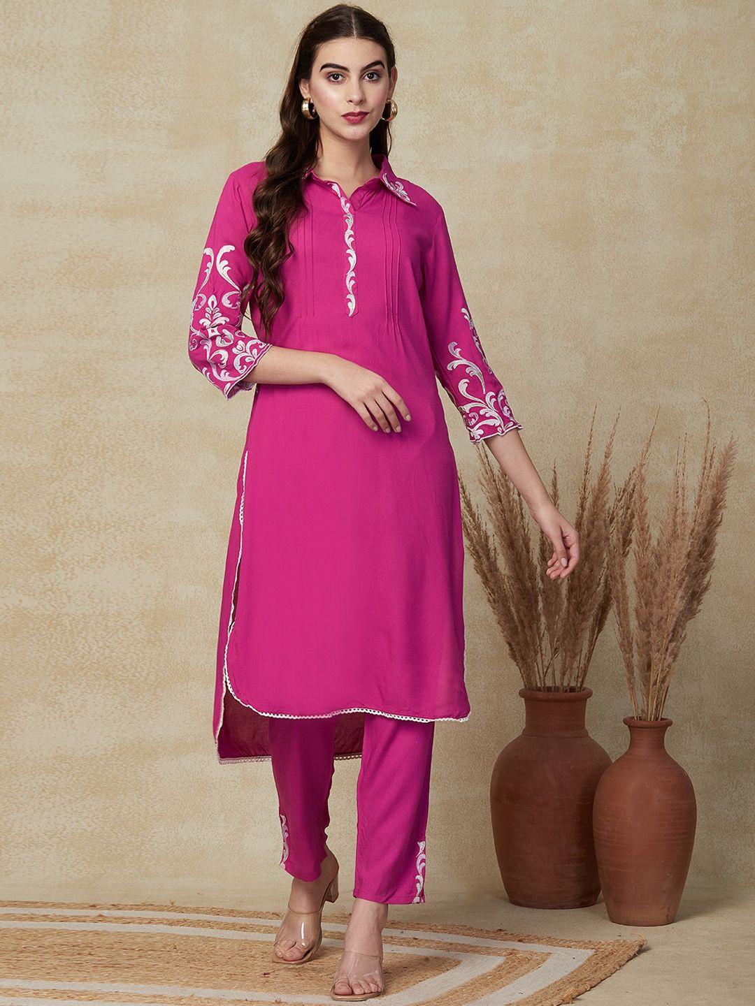 fashor women pink ethnic motifs yoke design regular thread work kurta with trousers