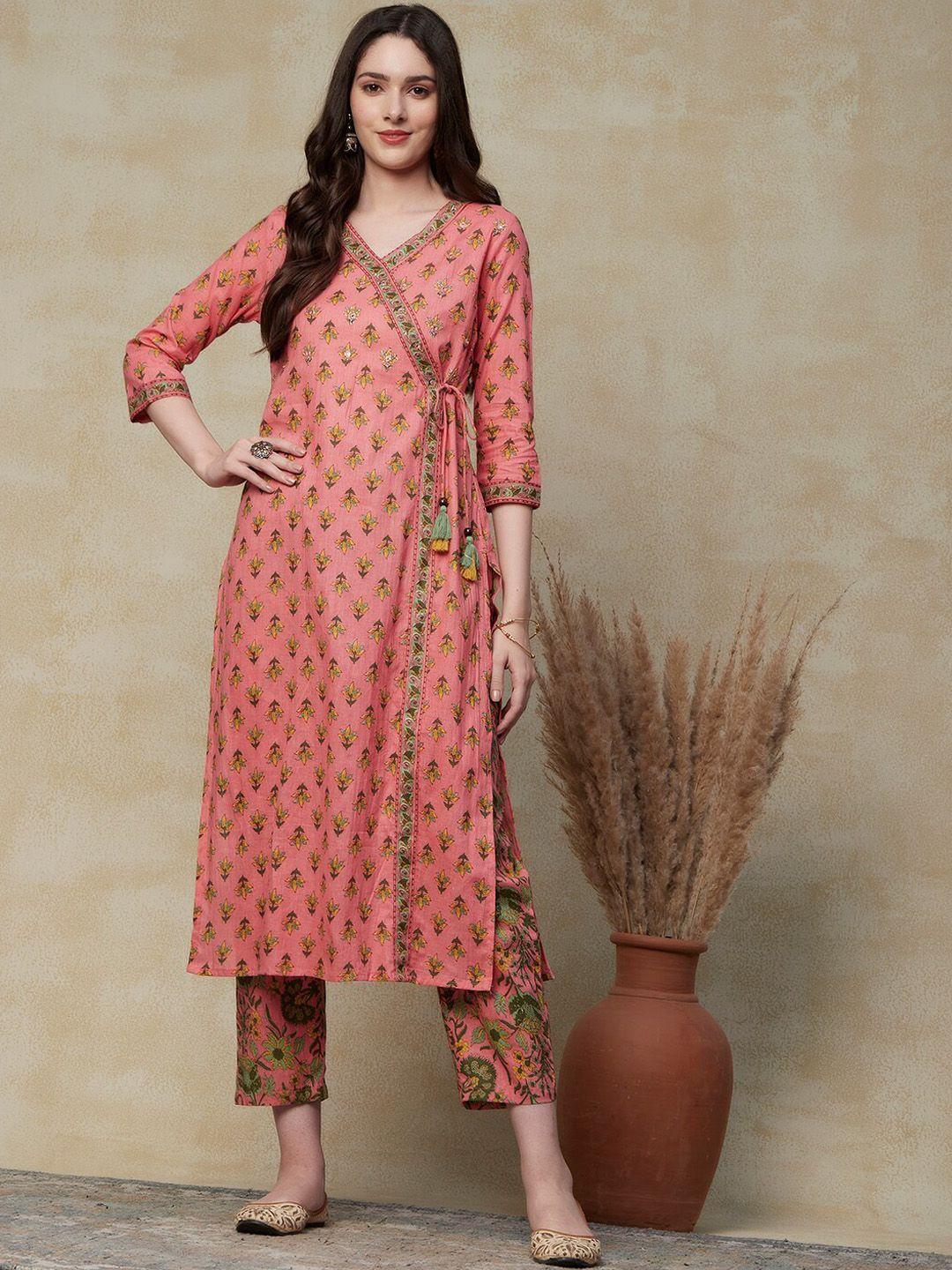 fashor women pink floral printed angrakha mirror work pure cotton kurta with trousers
