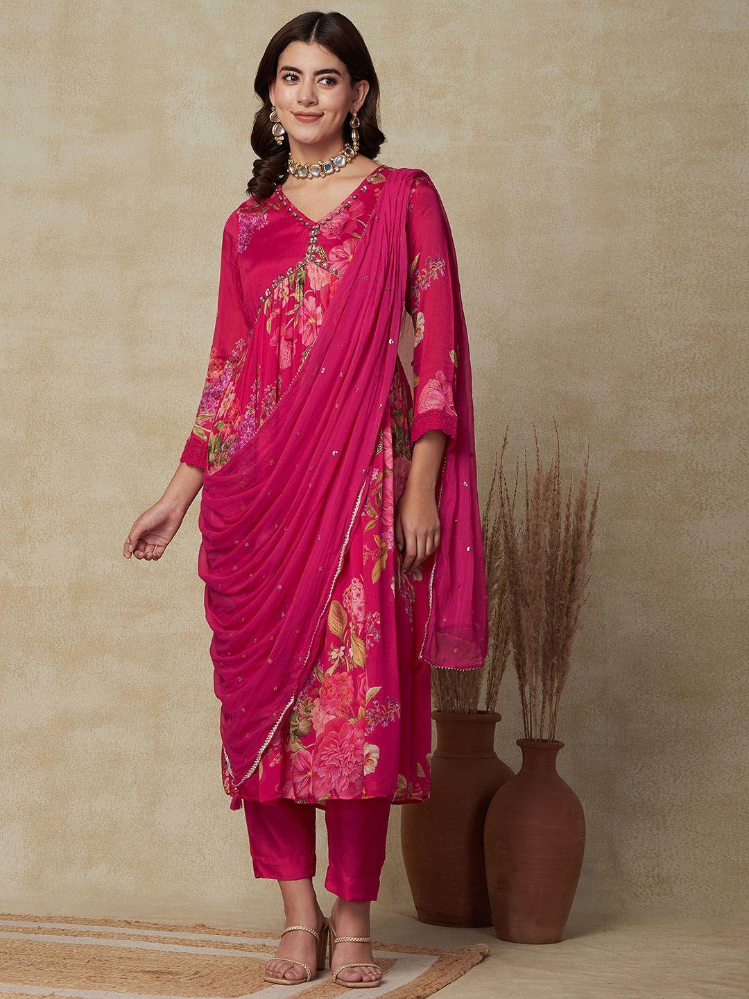 fashor women pink floral printed pleated beads and stones kurta with trousers & with dupatta