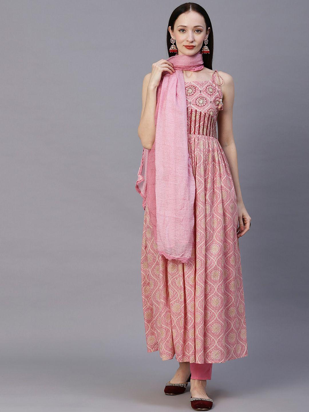 fashor women pink floral printed pleated sequinned pure cotton kurta with trousers & with dupatta