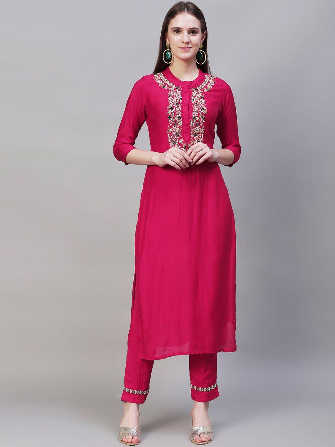 fashor women pink floral yoke thread work kurta with trouser