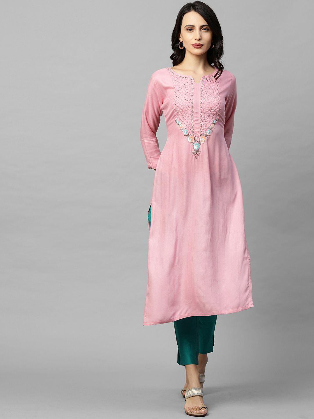 fashor women pink geometric embroidered thread work kurta