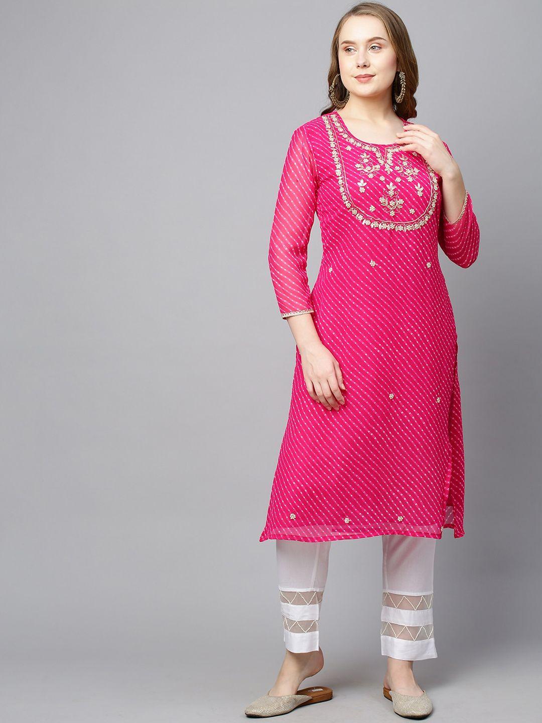 fashor women pink geometric printed  thread work georgette kurta