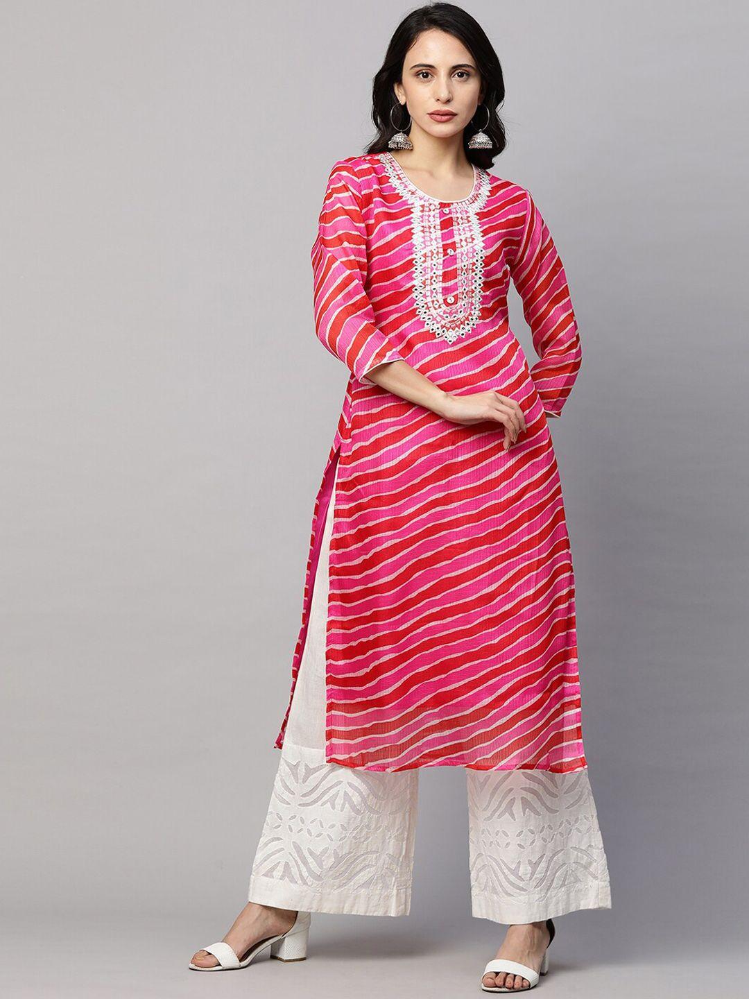 fashor women pink leheriya printed thread work kurta