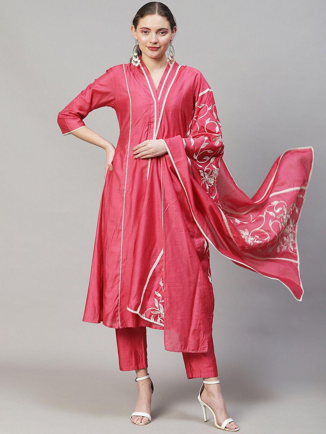 fashor women pink striped panelled kurta with trousers & with dupatta