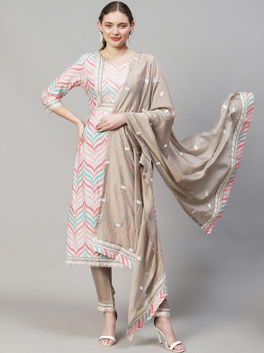 fashor women pink yoke design sequinned kurta with trousers & with dupatta
