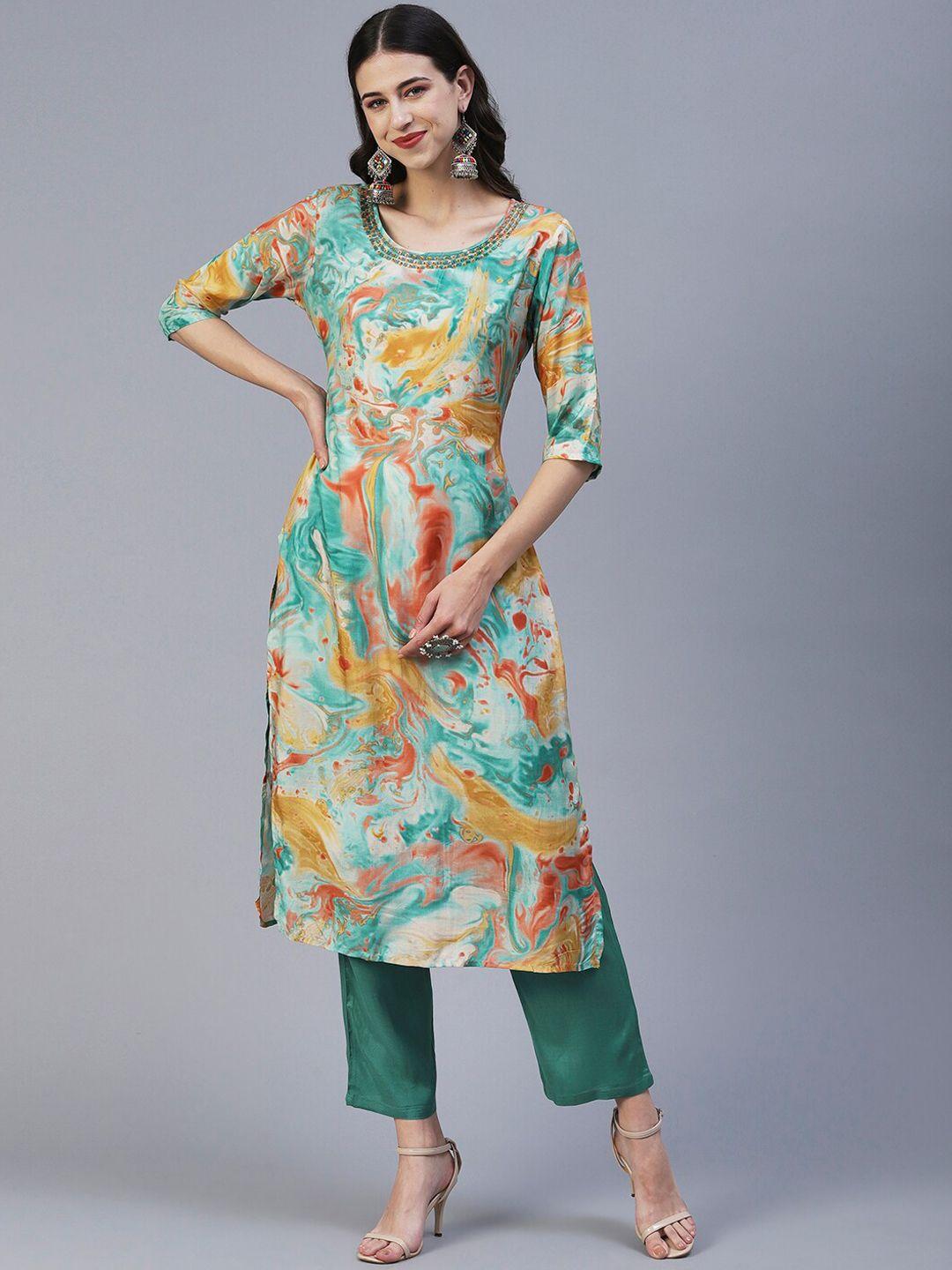 fashor women printed beads and stones kurta with trousers