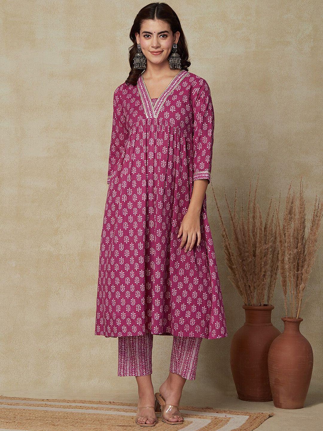 fashor women printed pleated sequinned pure cotton kurta with trousers