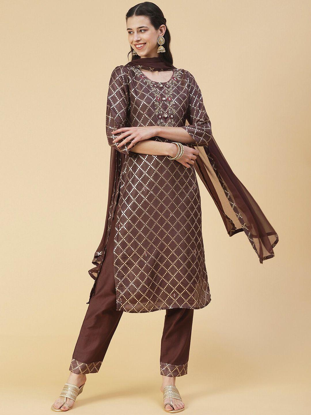 fashor women printed sequinned kurta with trousers & with dupatta