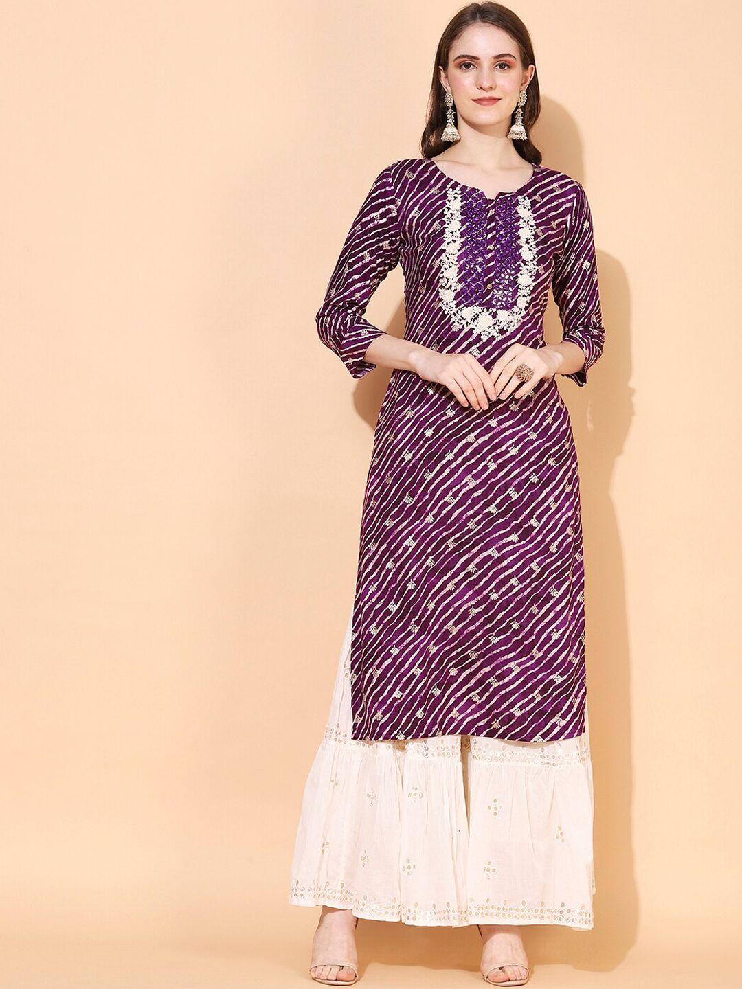 fashor women purple & white leheriya printed straight kurta