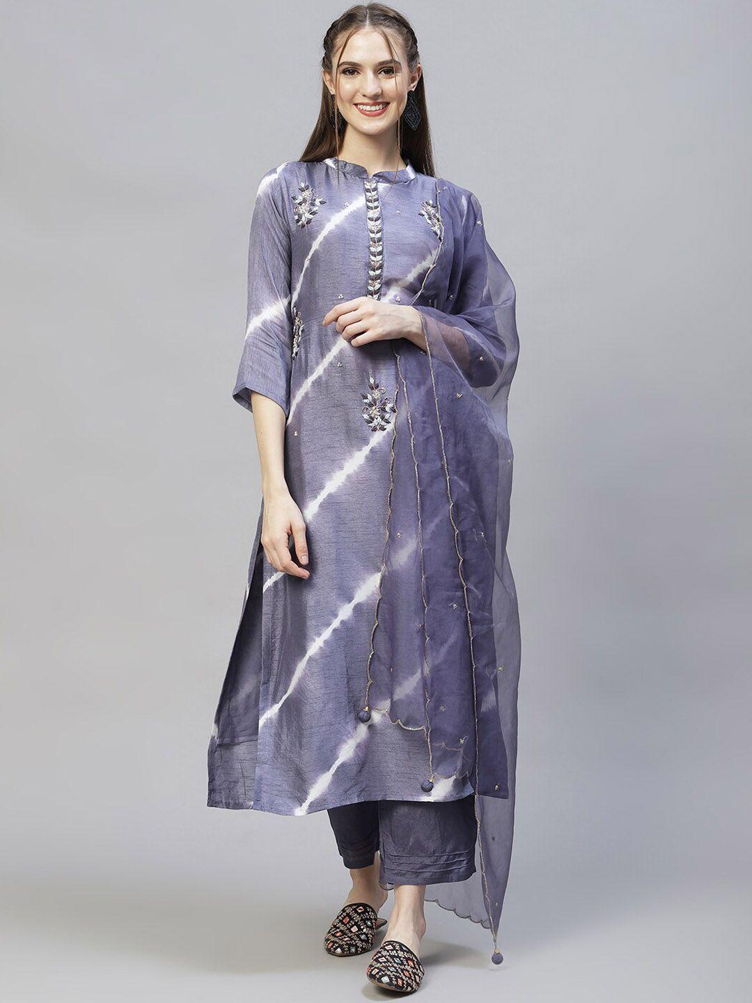 fashor women purple dyed & beads and stones kurta with trousers & dupatta