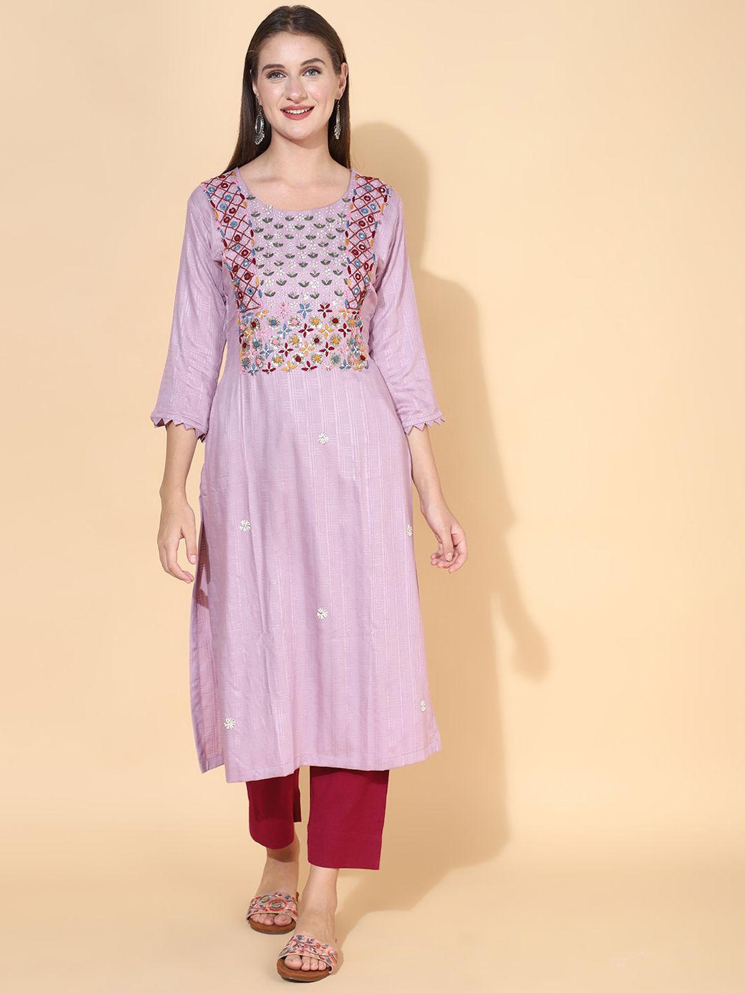 fashor women purple embroidered flared sleeves thread work kurta