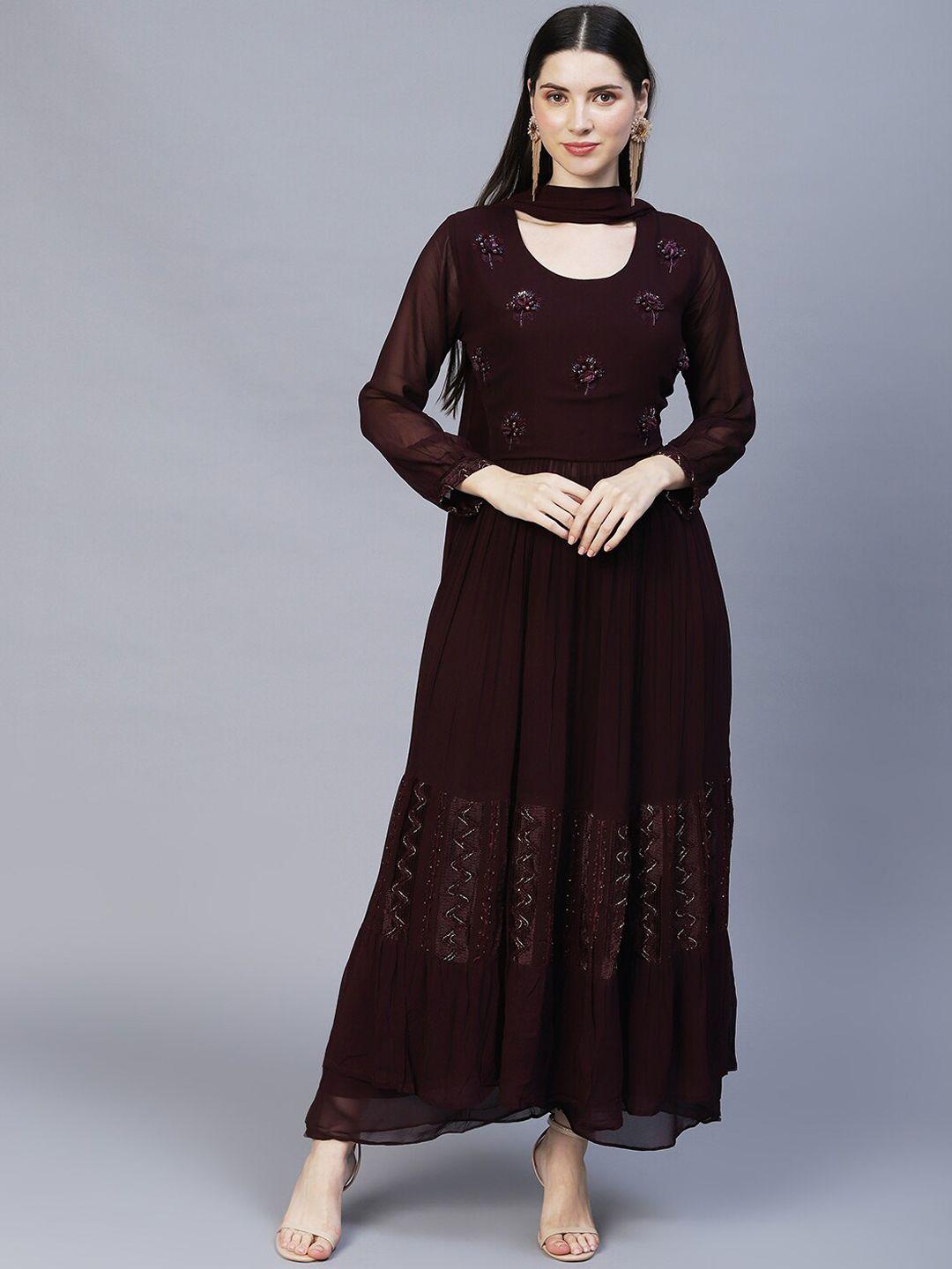 fashor women purple embroidered pleated beads and stones kurta with palazzos & dupatta