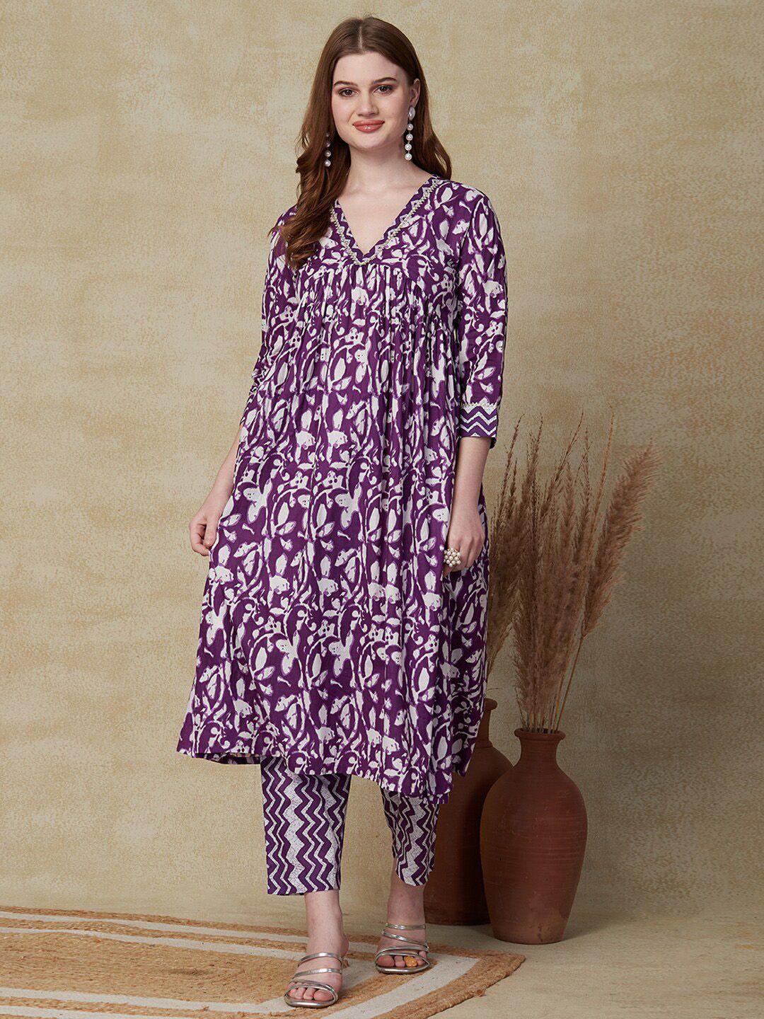 fashor women purple ethnic motifs printed pleated pure cotton kurta with trousers