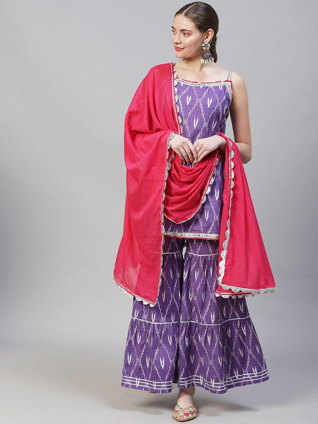 fashor women purple ethnic motifs printed pure cotton kurta with sharara & with dupatta
