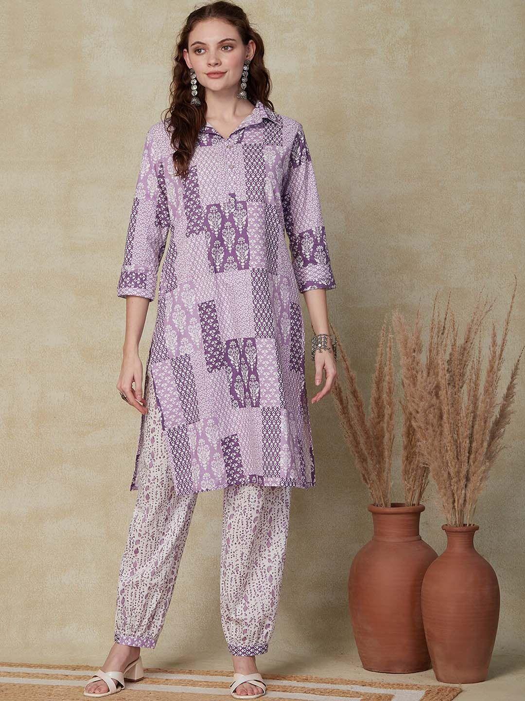 fashor women purple ethnic motifs printed pure cotton straight kurta with salwar