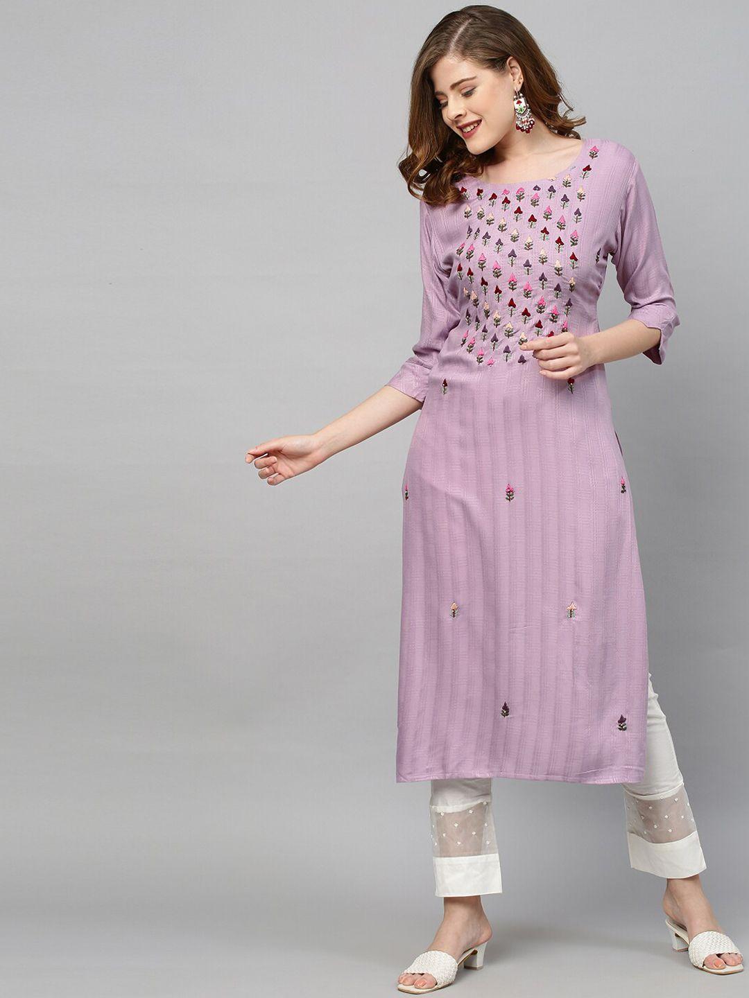 fashor women purple floral embroidered thread work kurta