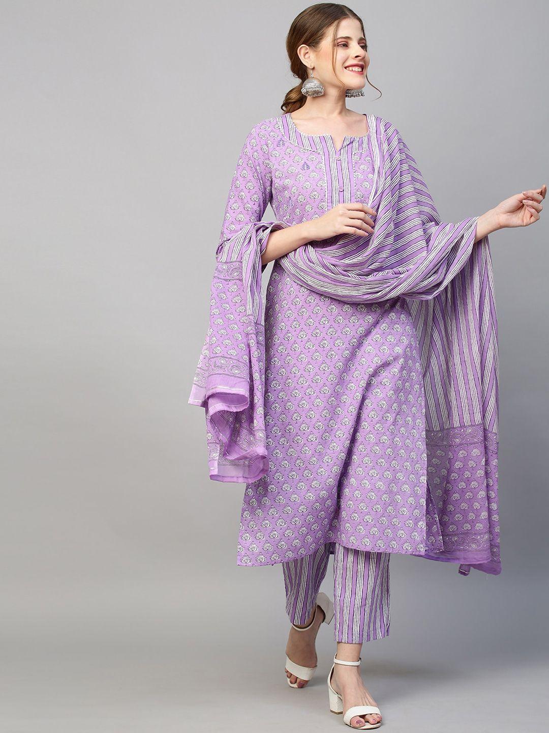 fashor women purple printed panelled pure cotton kurti with trousers & with dupatta
