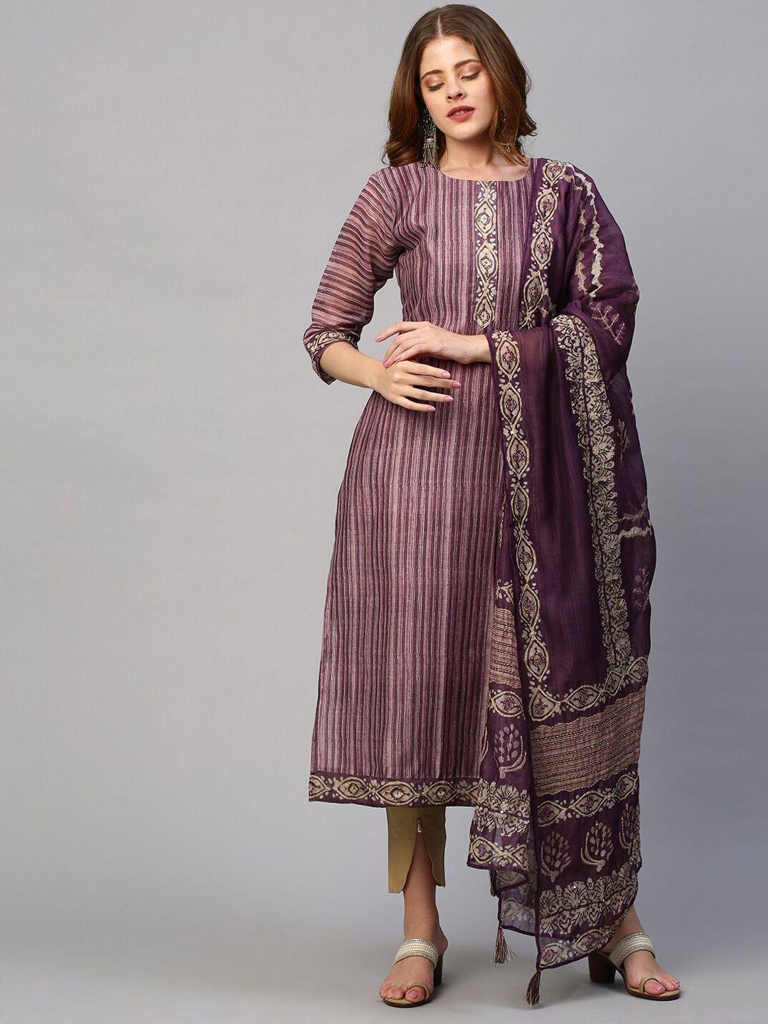 fashor women purple striped kantha work chanderi silk kurta with dupatta