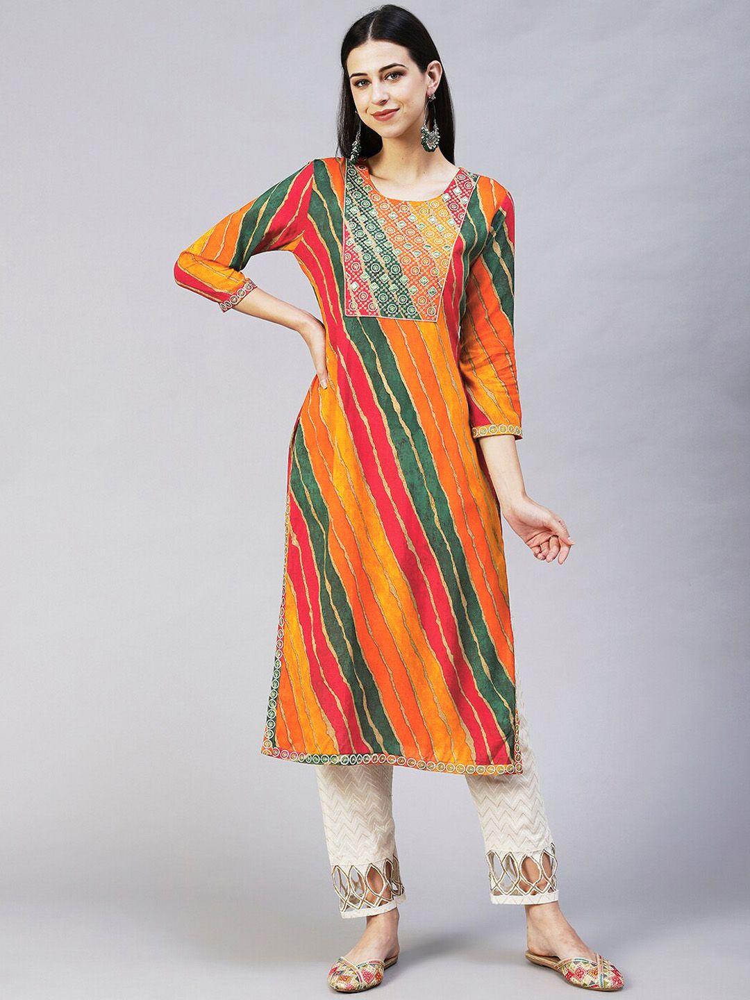 fashor women red & green leheriya striped kurta