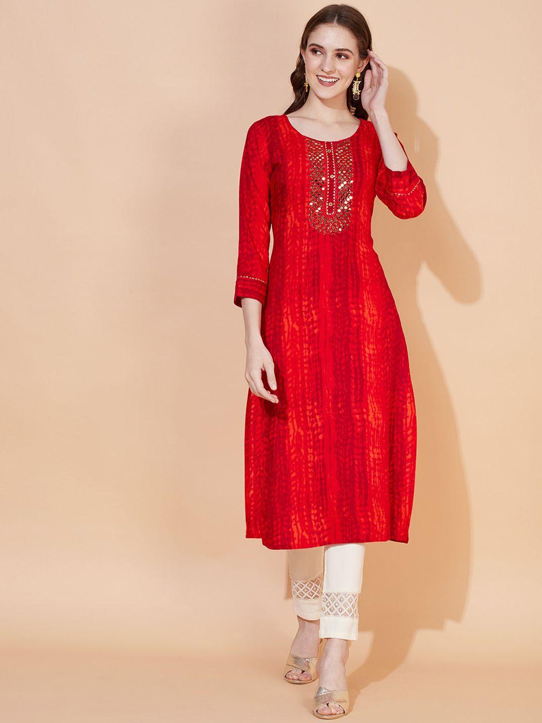 fashor women red & maroon yoke design thread work kurta