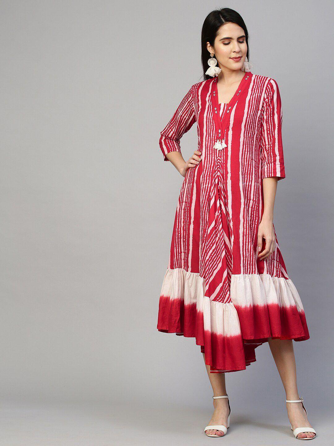 fashor women red & white striped a-line asymmetrical hemline midi dress