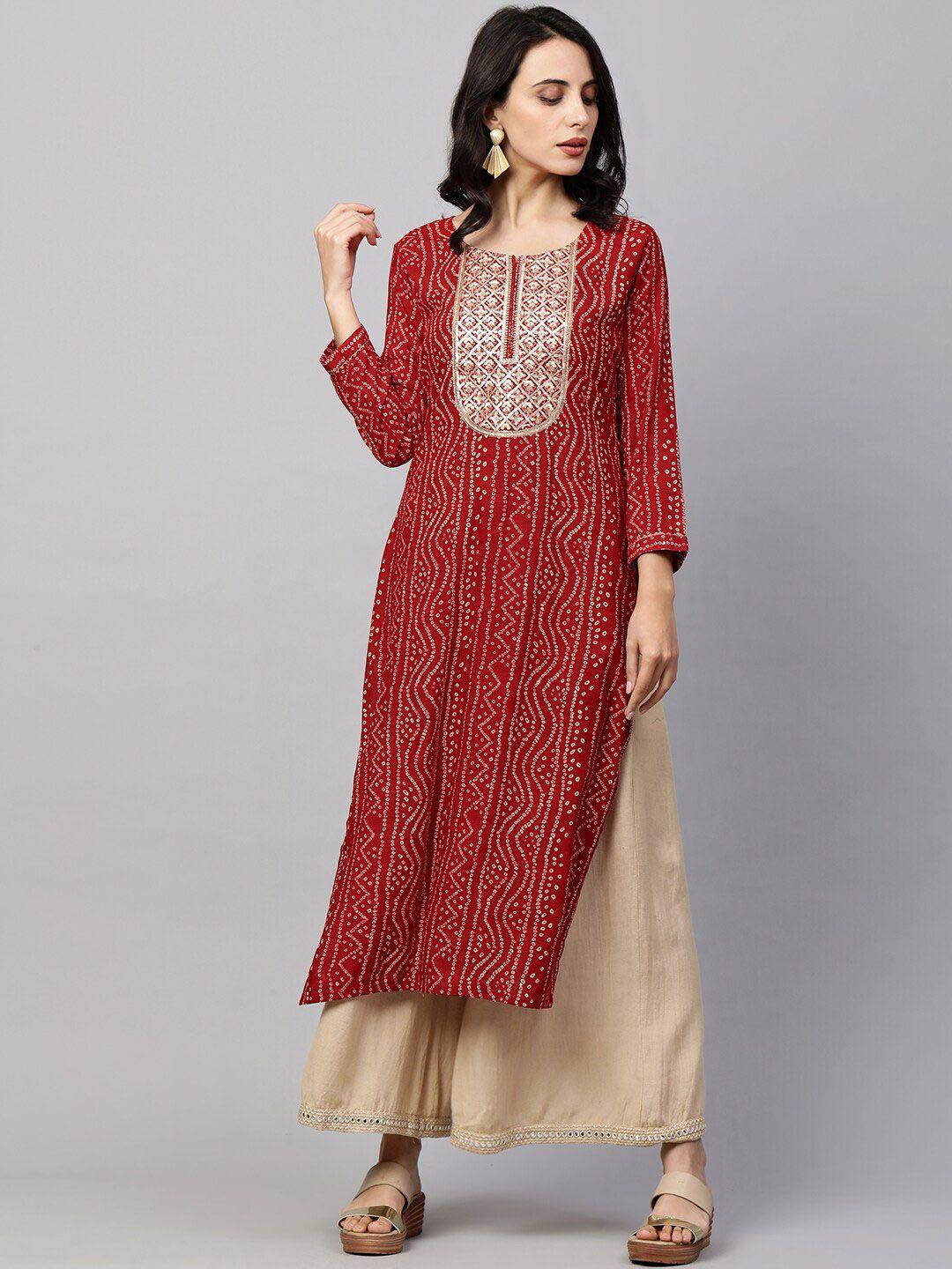 fashor women red bandhani printed kurta