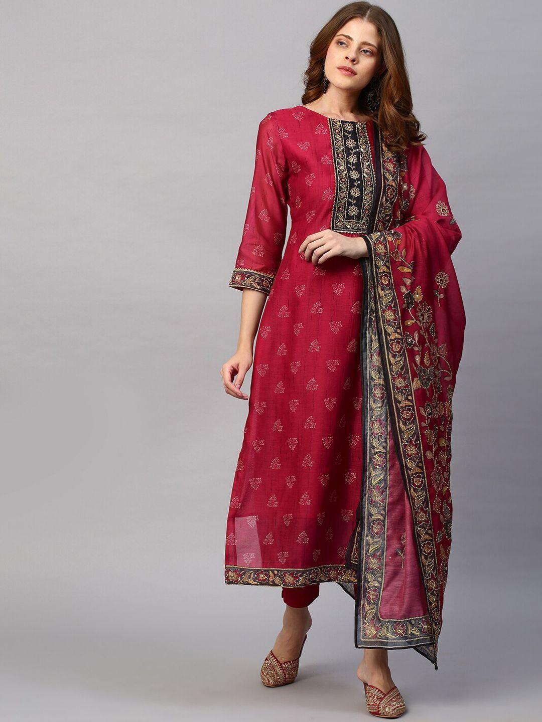 fashor women red embroidered kantha work chanderi silk kurta set