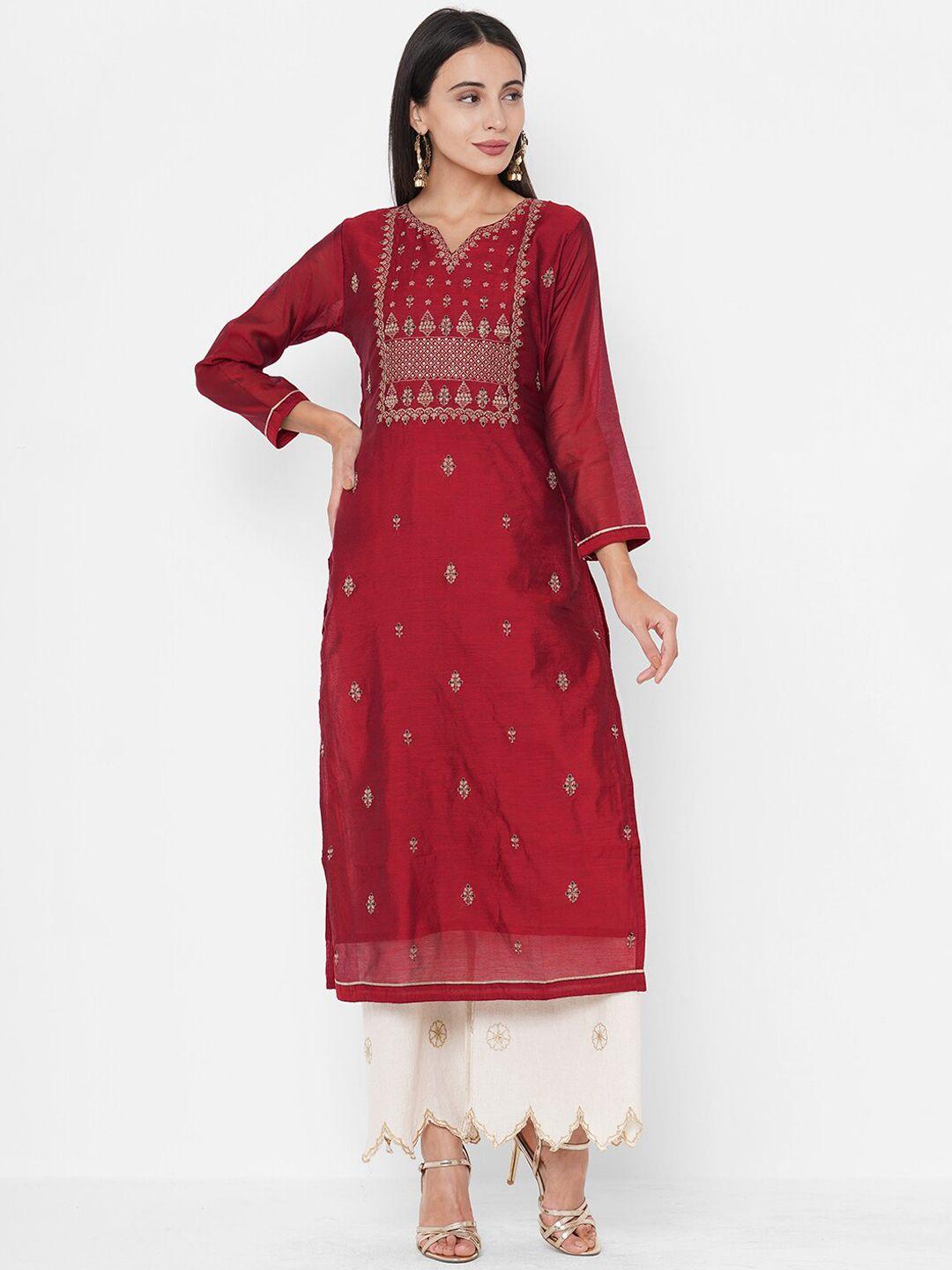 fashor women red ethnic motifs embroidered thread work chanderi silk chanderi silk kurta