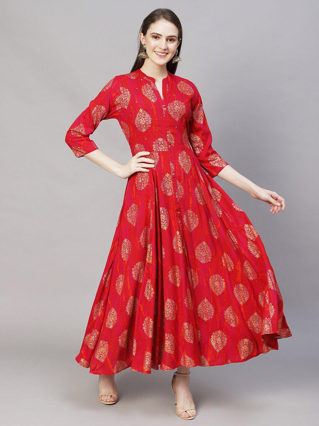 fashor women red ethnic motifs ethnic viscose rayon a-line maxi dress