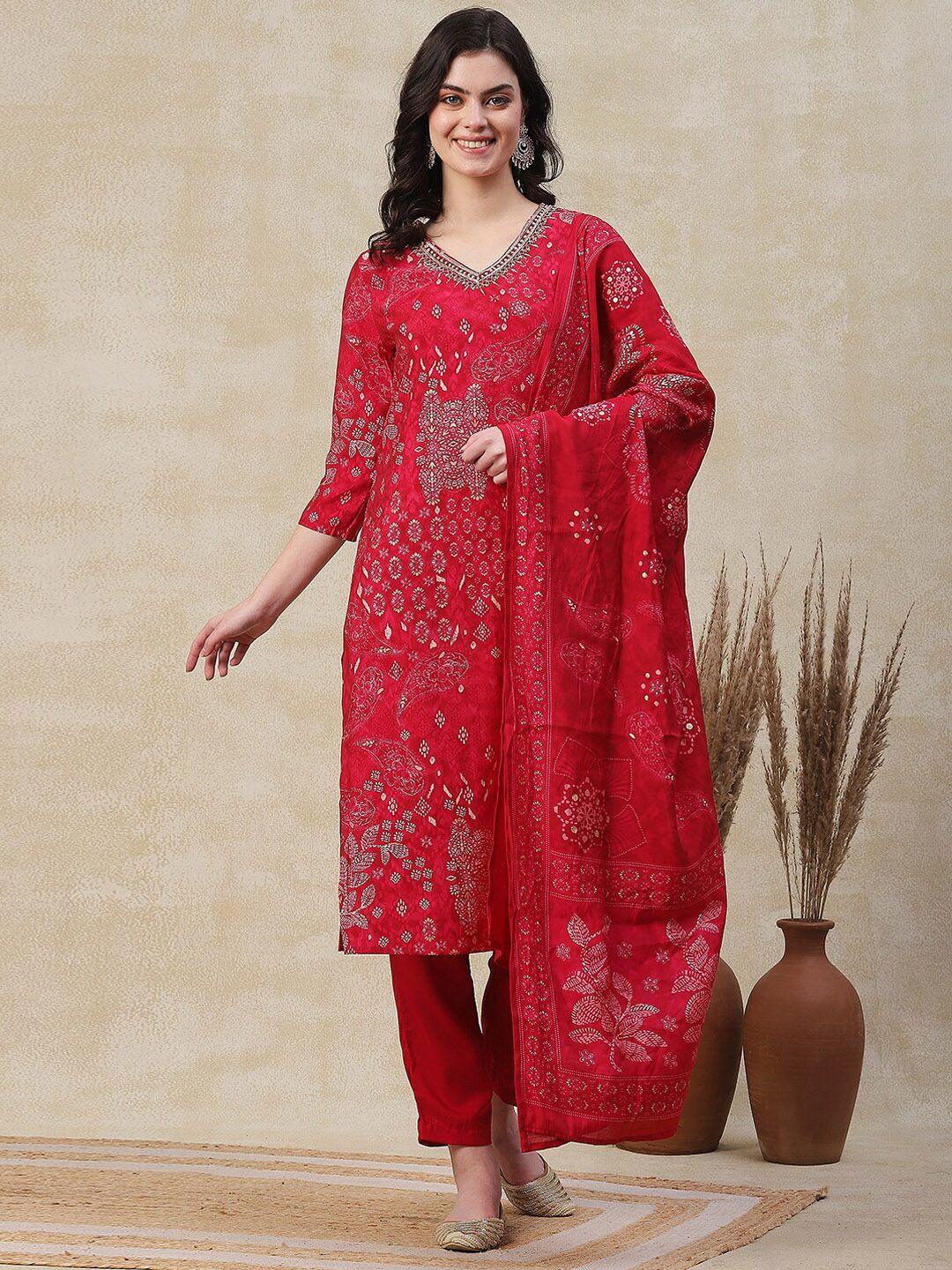 fashor women red ethnic motifs printed regular zardozi kurta with trousers & with dupatta