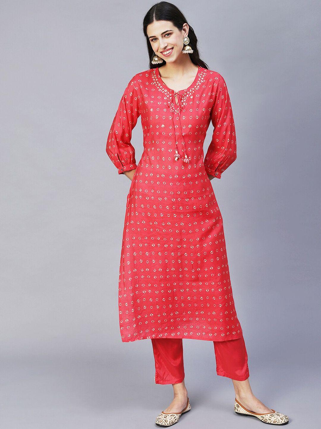 fashor women red ethnic motifs printed straight fit kurta with trousers