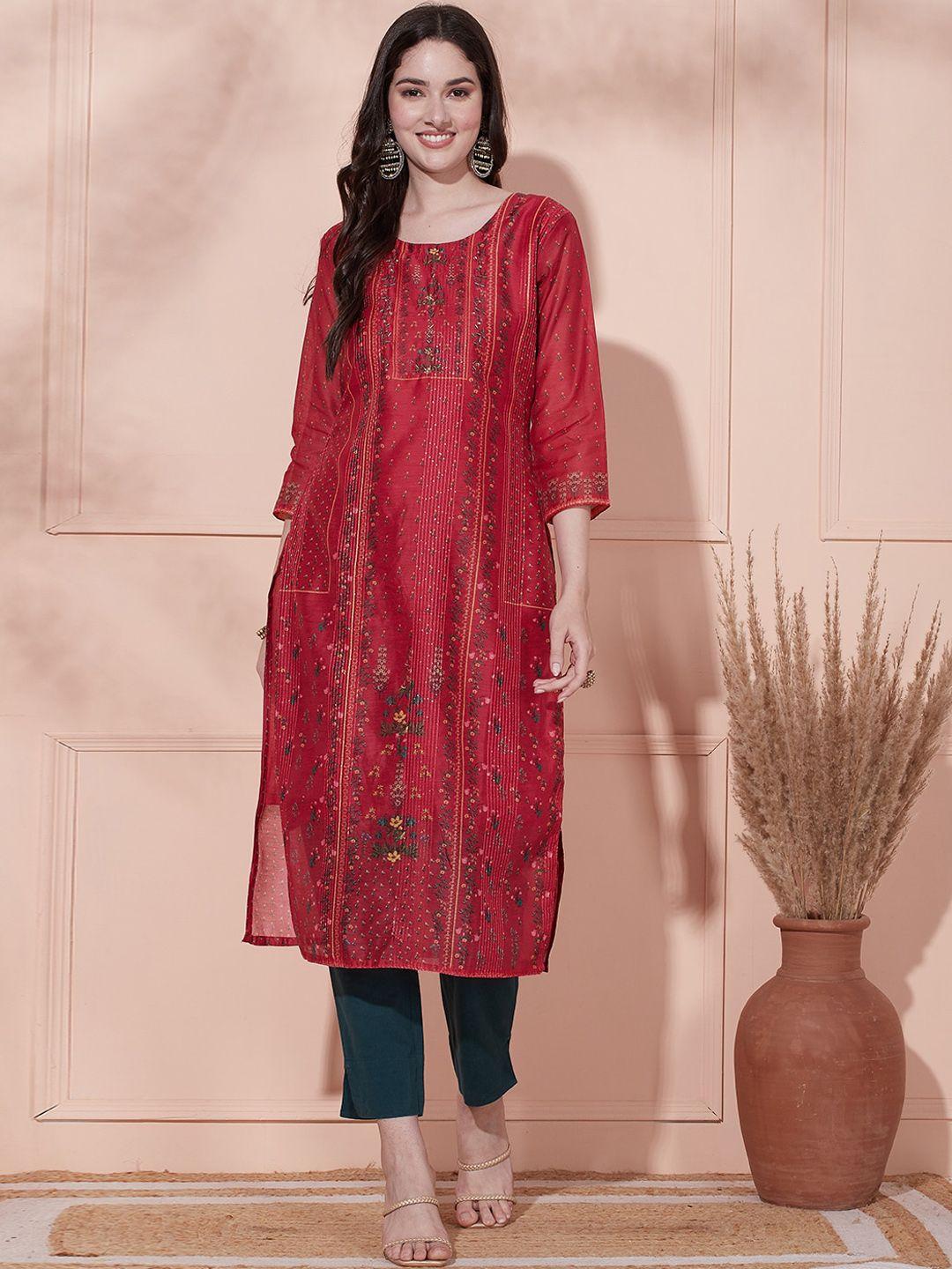 fashor women red ethnic motifs printed thread work chanderi silk kurta