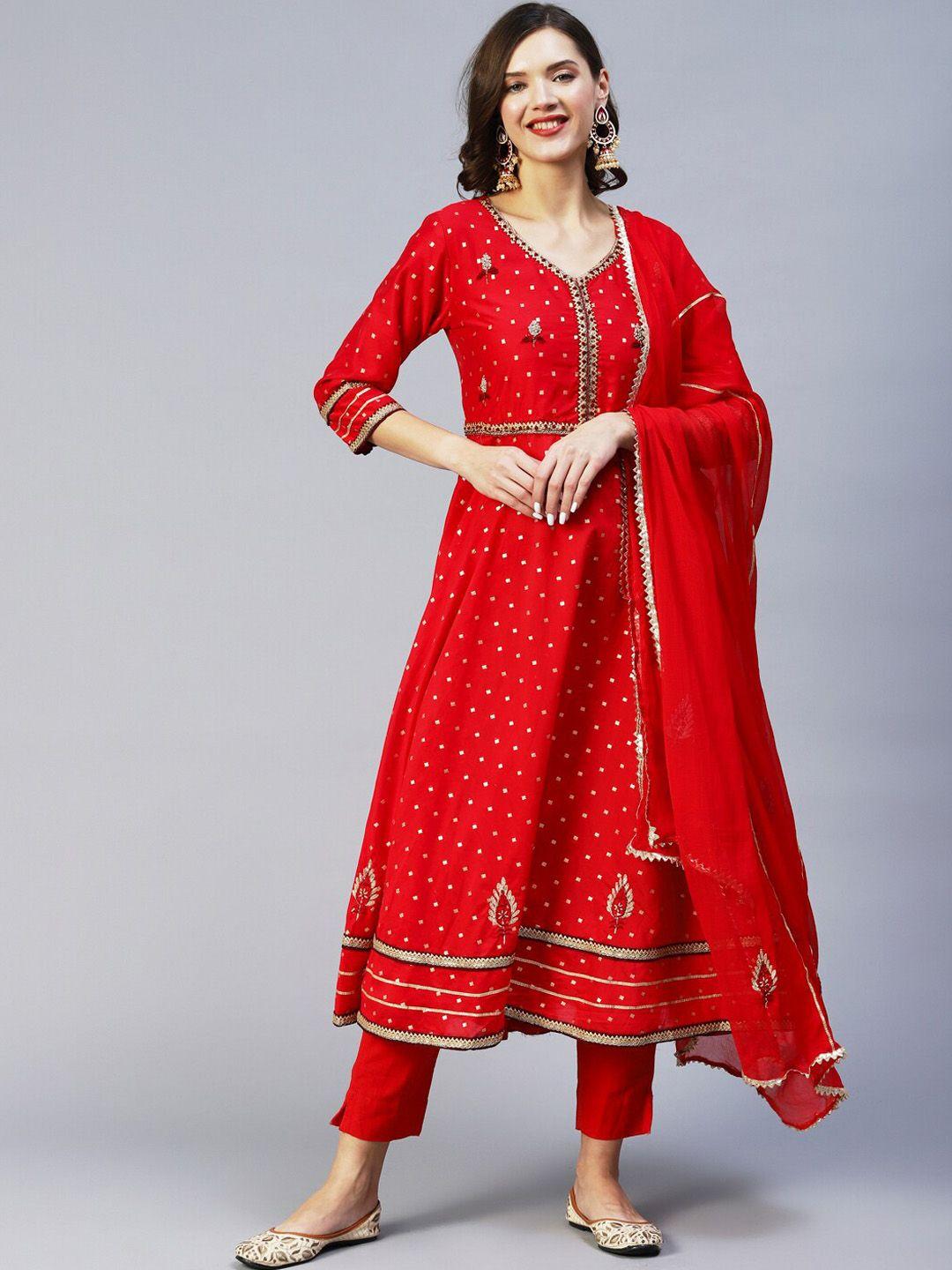 fashor women red floral embroidered chanderi cotton kurta with trousers & with dupatta
