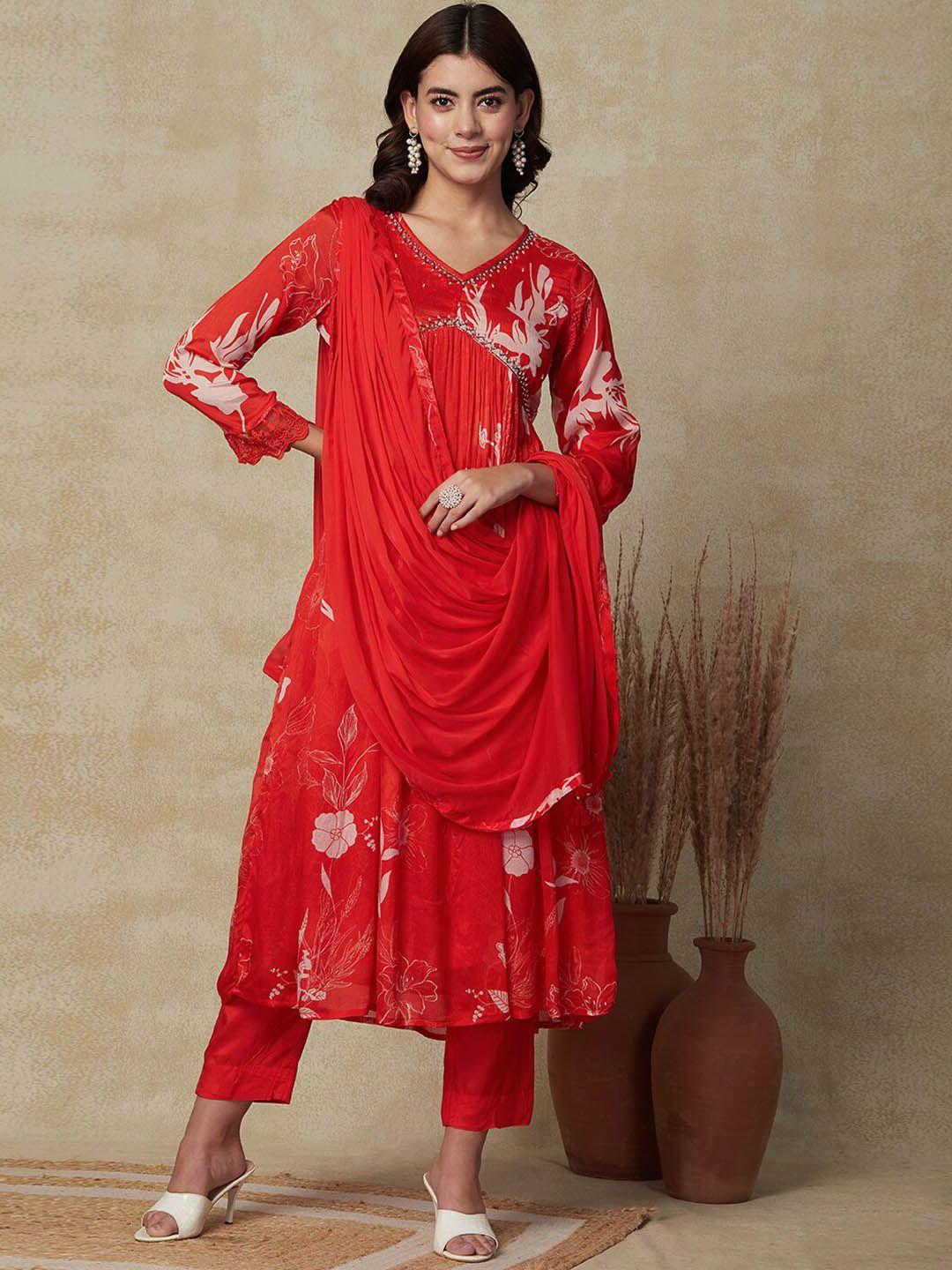 fashor women red floral printed pleated beads and stones kurta with trousers & with dupatta