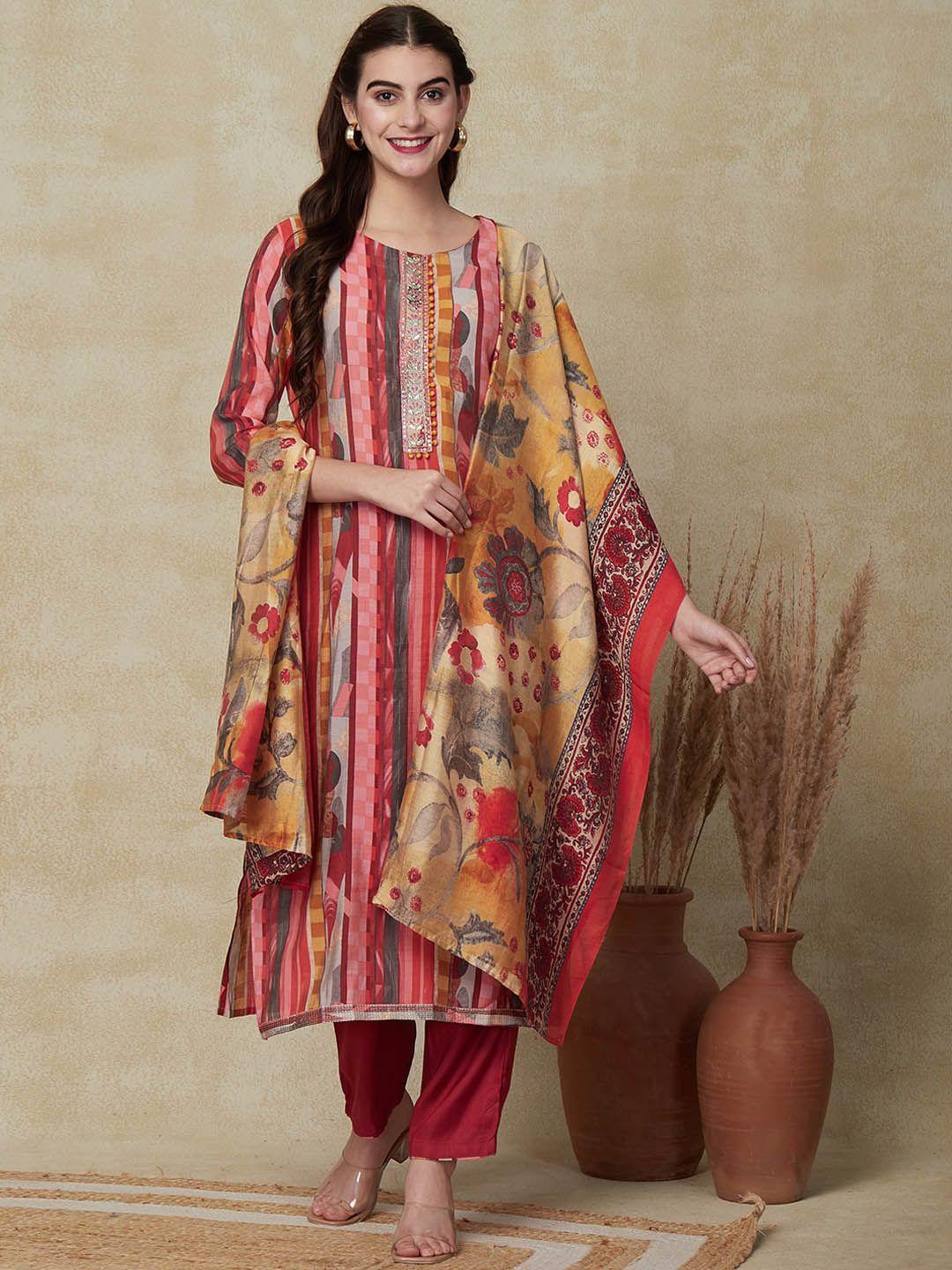 fashor women red floral printed regular gotta patti kurta with trousers & with dupatta