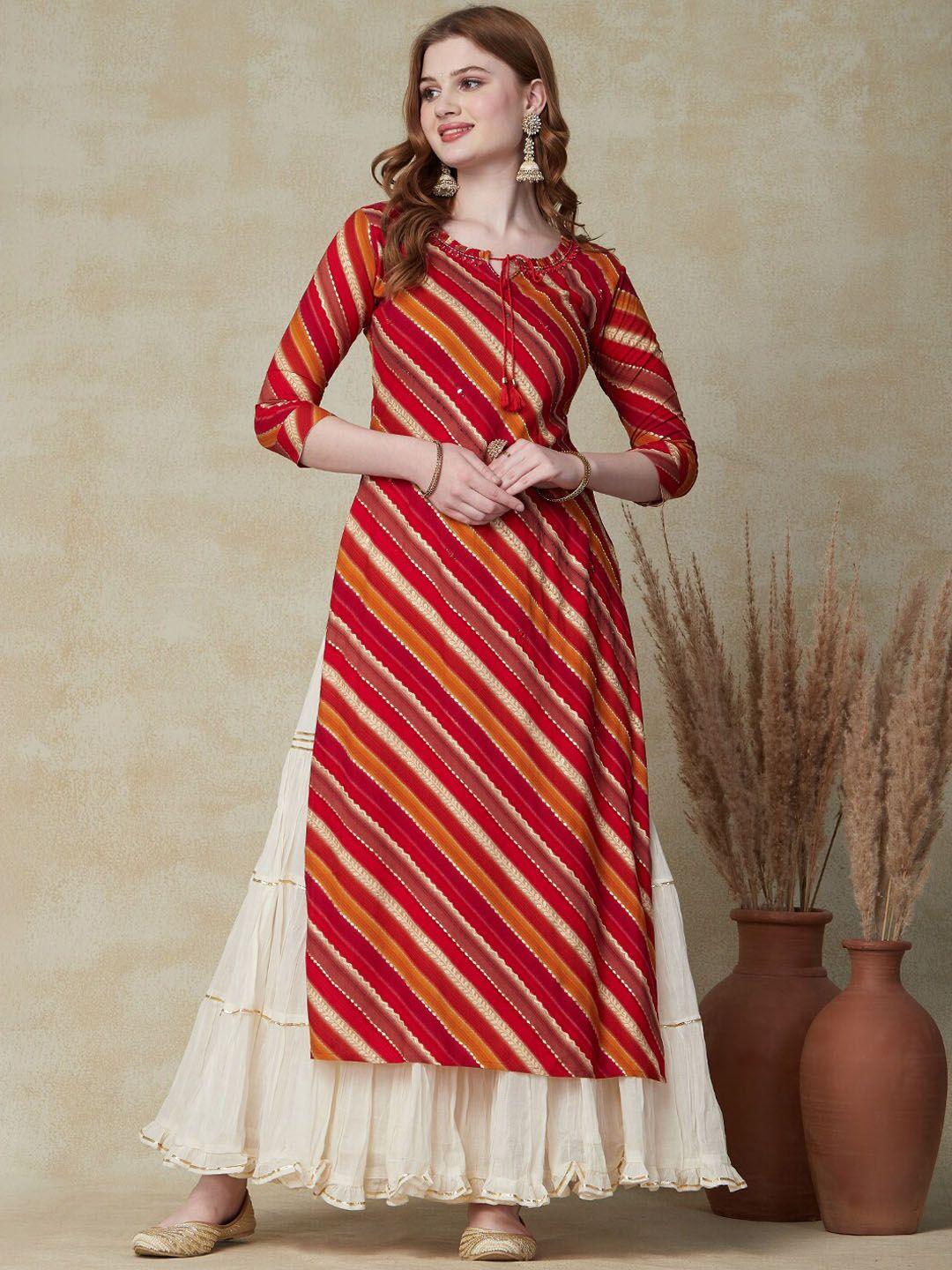 fashor women red leheriya striped cold-shoulder sleeves gotta patti kurta