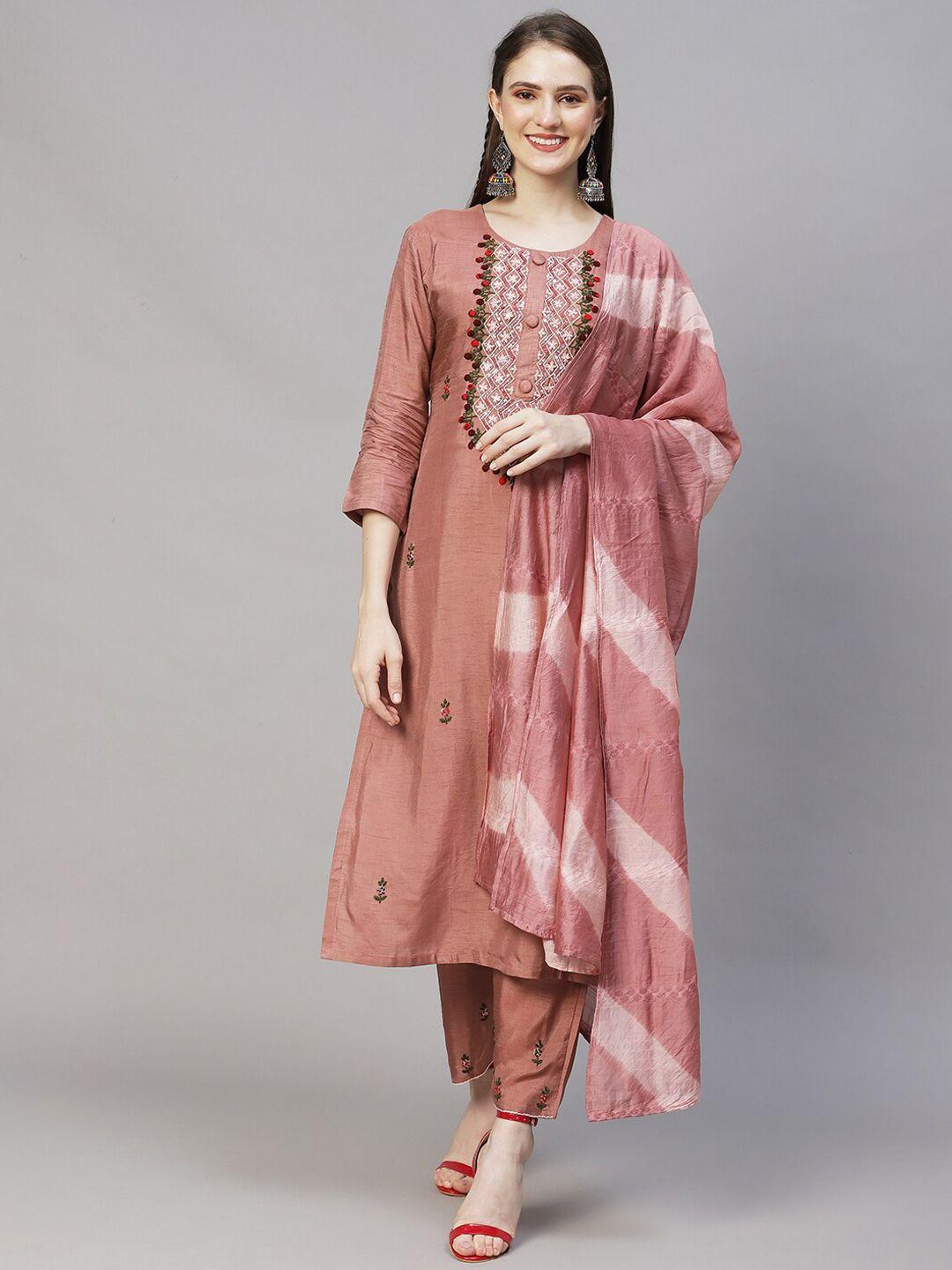 fashor women rose gold floral embroidered thread work kurta with trousers & with dupatta