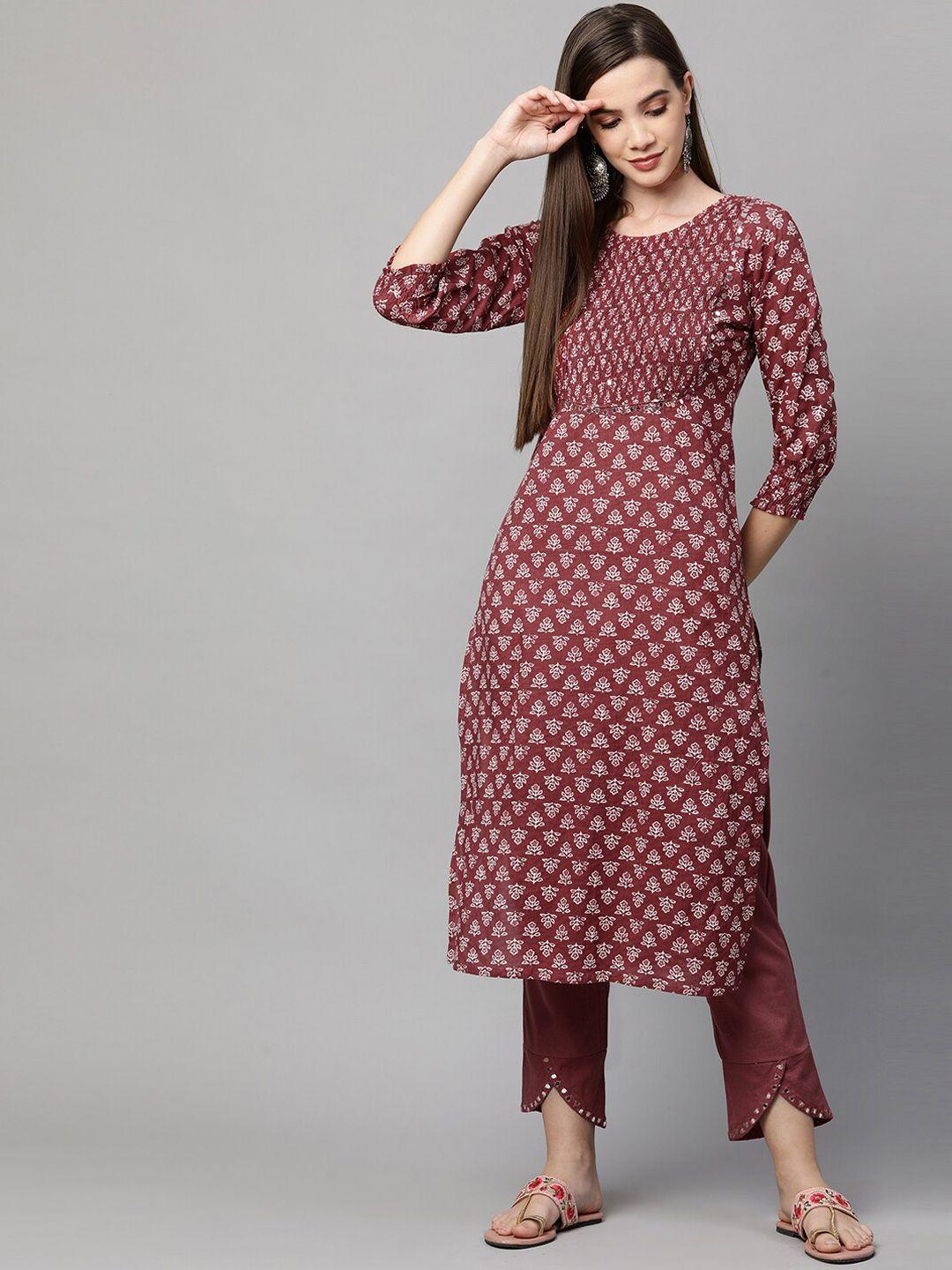 fashor women rust printed pure cotton kurta with trousers