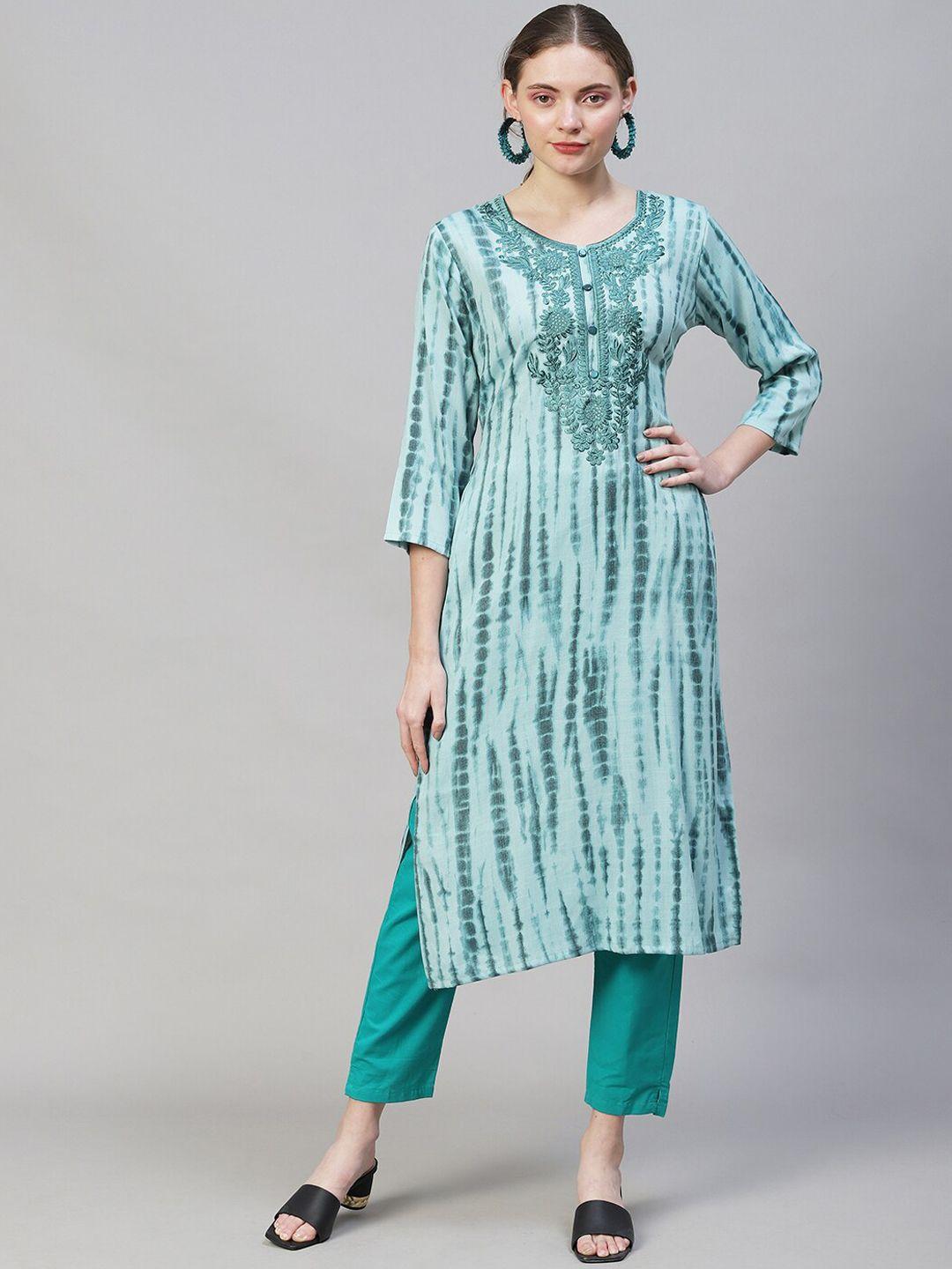 fashor women sea green dyed thread work kurta