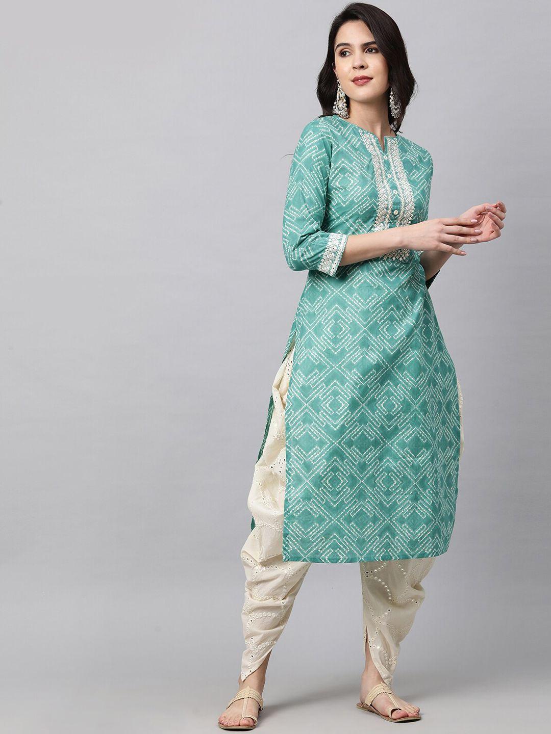 fashor women sea green ethnic motifs screen print mirror work pure cotton kurta