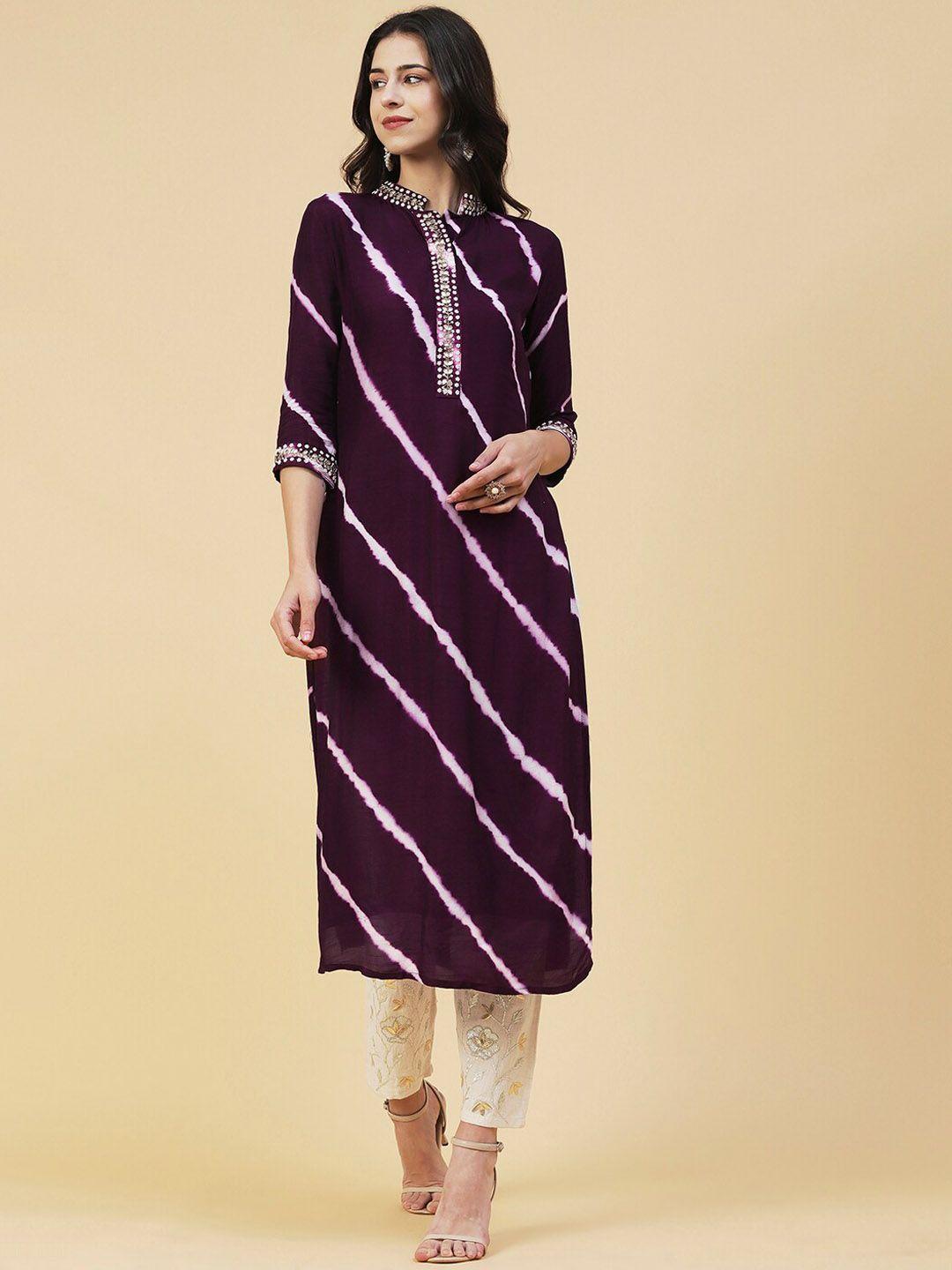 fashor women striped embroidered straight fit kurta