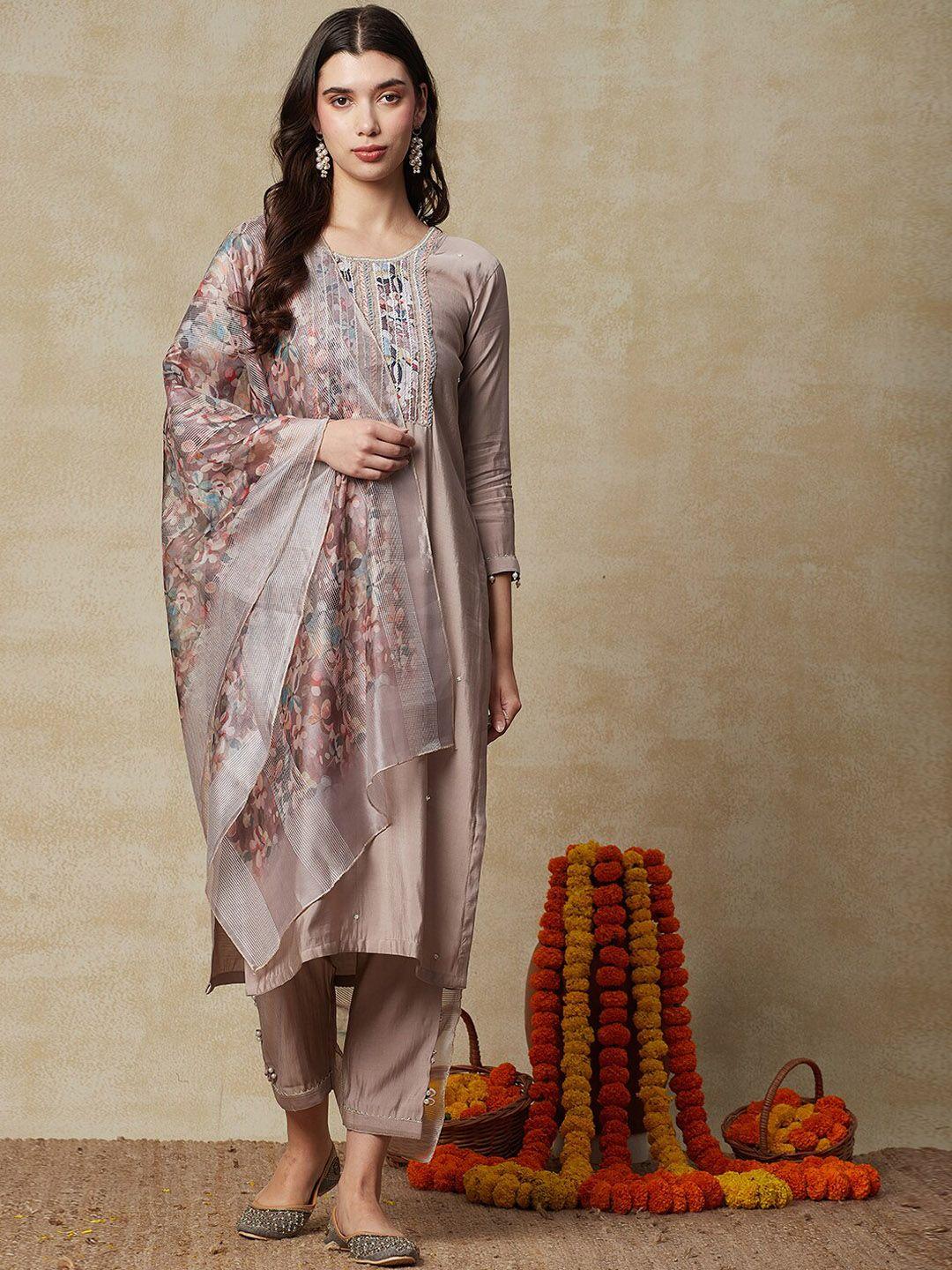 fashor women taupe ethnic motifs embroidered regular aari work kurta with trousers & with dupatta